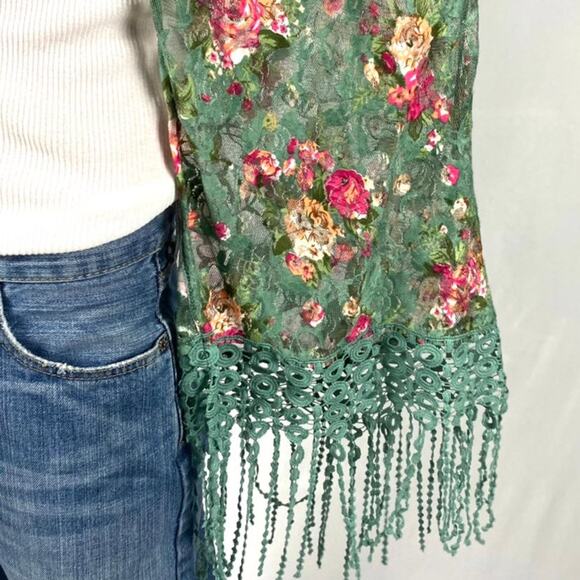 Sweet Rain Sage Floral Mesh Fringe Cardigan Cover Up Shawl Sz Medium - Picture 6 of 11